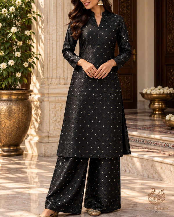 Black Banarasi Brocade Fabric With All Over Zari Handloom 24475