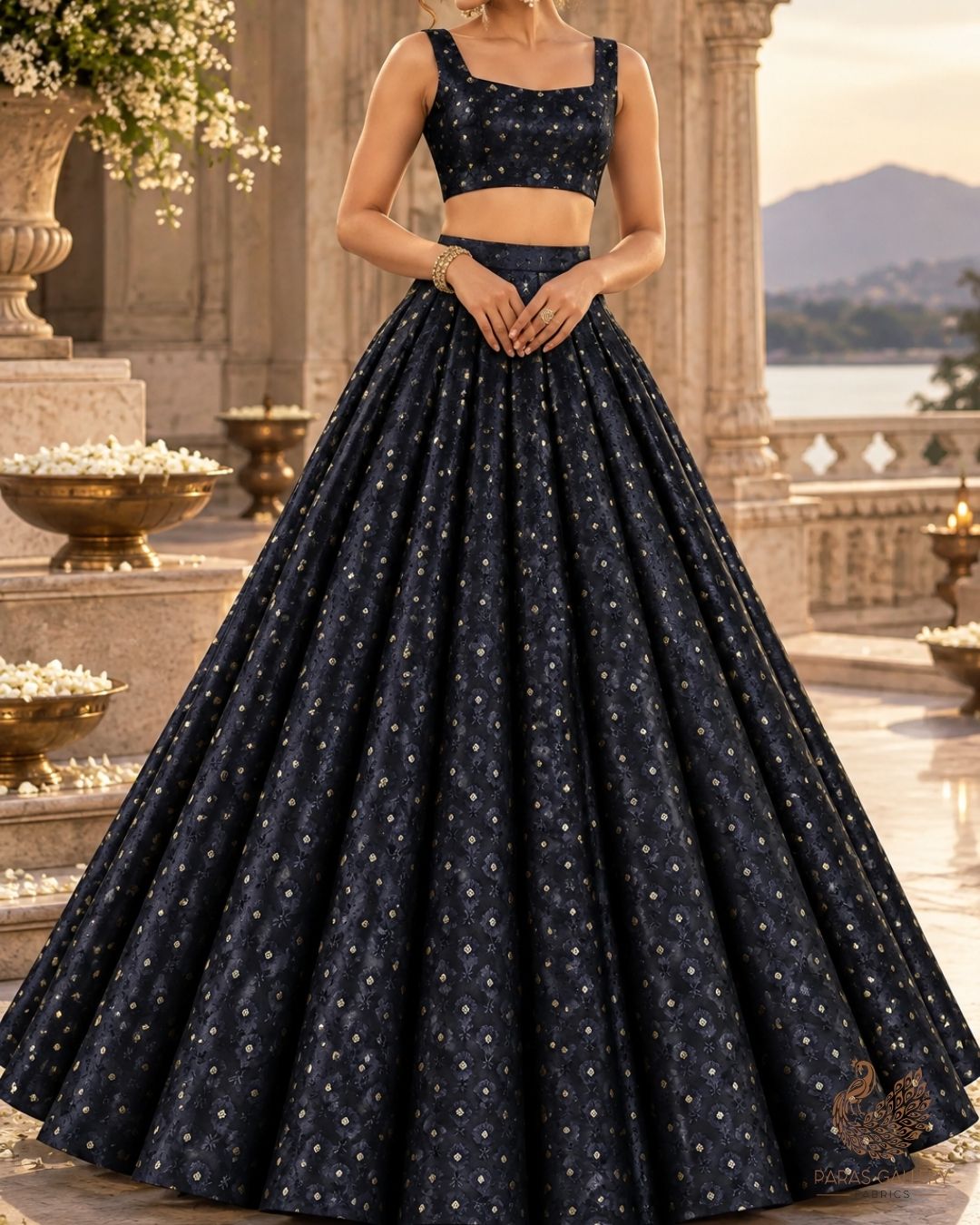 Black Banarasi Brocade Fabric With All Over Zari Handloom 24473