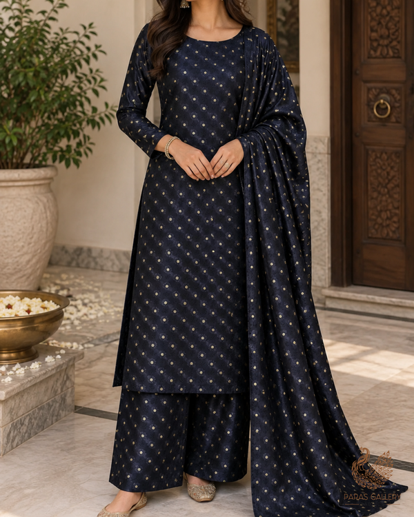 Black Banarasi Brocade Fabric With All Over Zari Handloom 24476