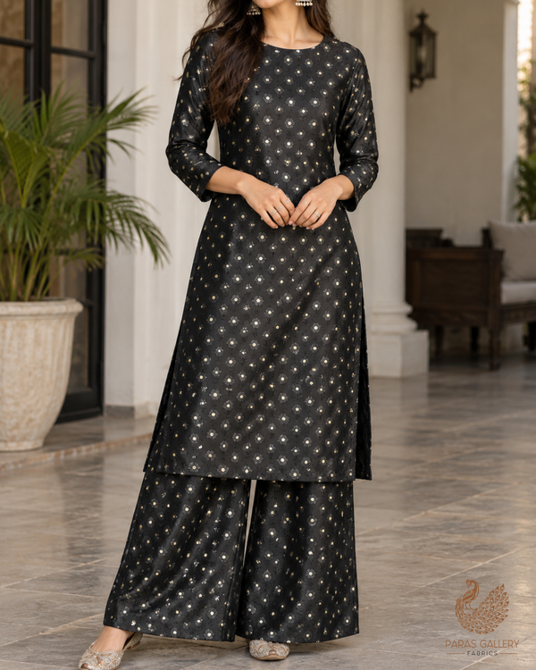 Black Banarasi Brocade Fabric With All Over Zari Handloom 24477
