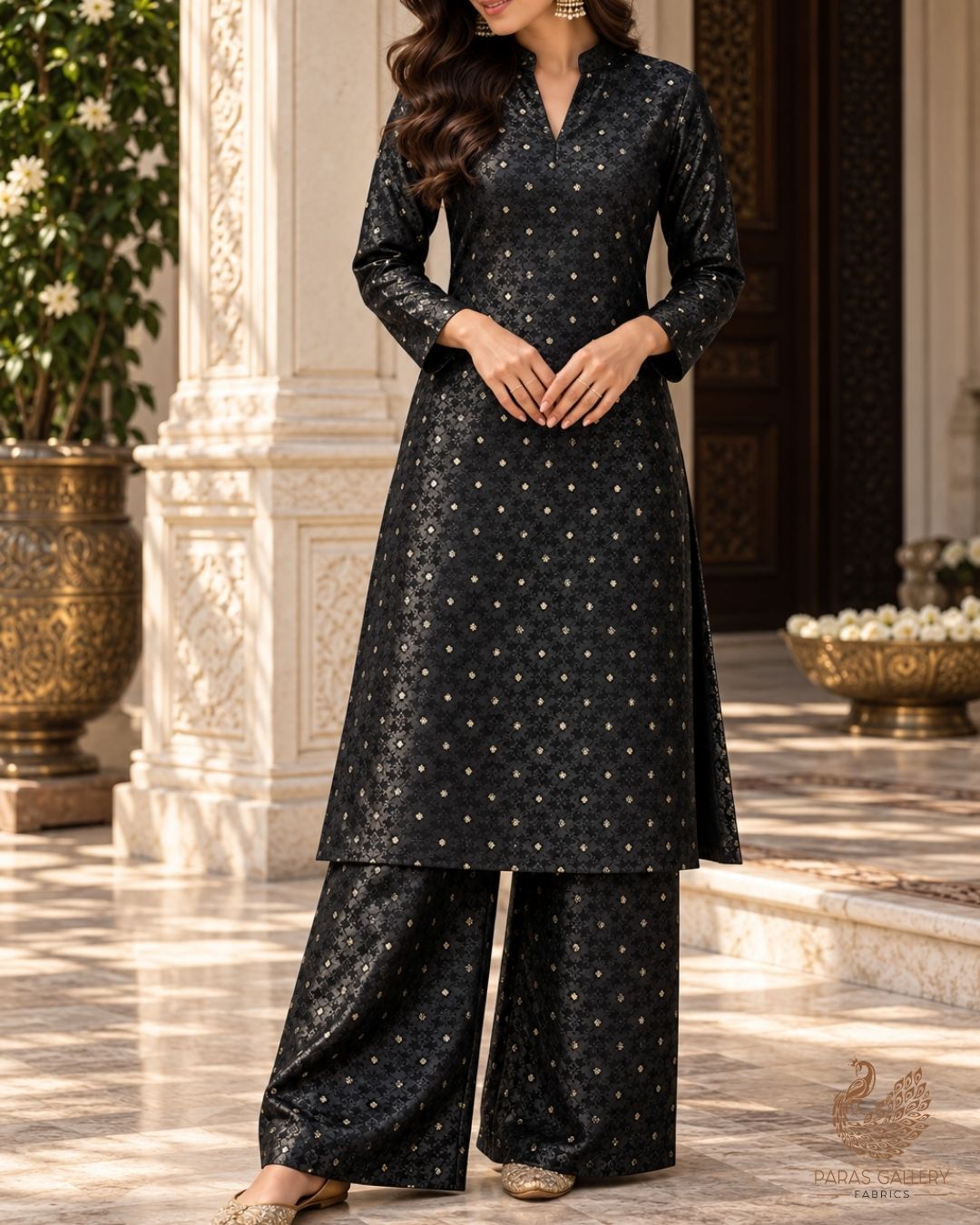 Black Banarasi Brocade Fabric With All Over Zari Handloom 24478