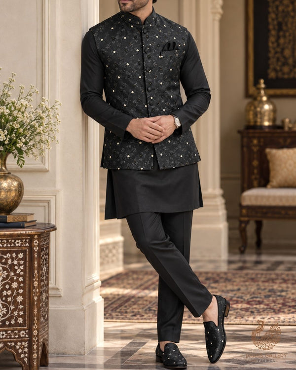 Black Banarasi Brocade Fabric With All Over Zari Handloom 24479
