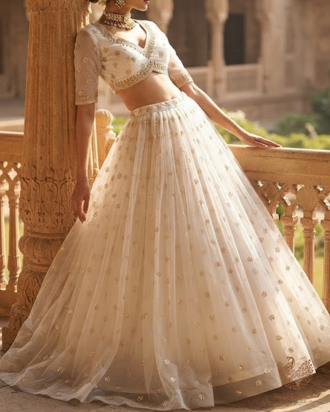 White Dyeable Net Fabric With All Over Buti Of Sequins And Katdana Work 24481