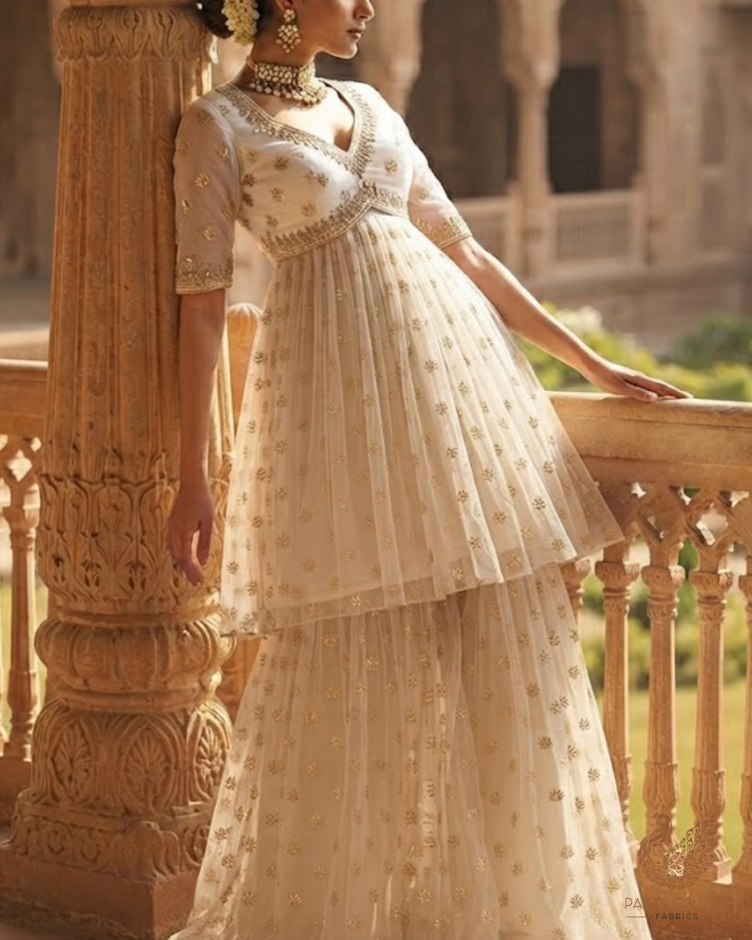 White Dyeable Net Fabric With All Over Buti Of Sequins And Katdana Work 24481
