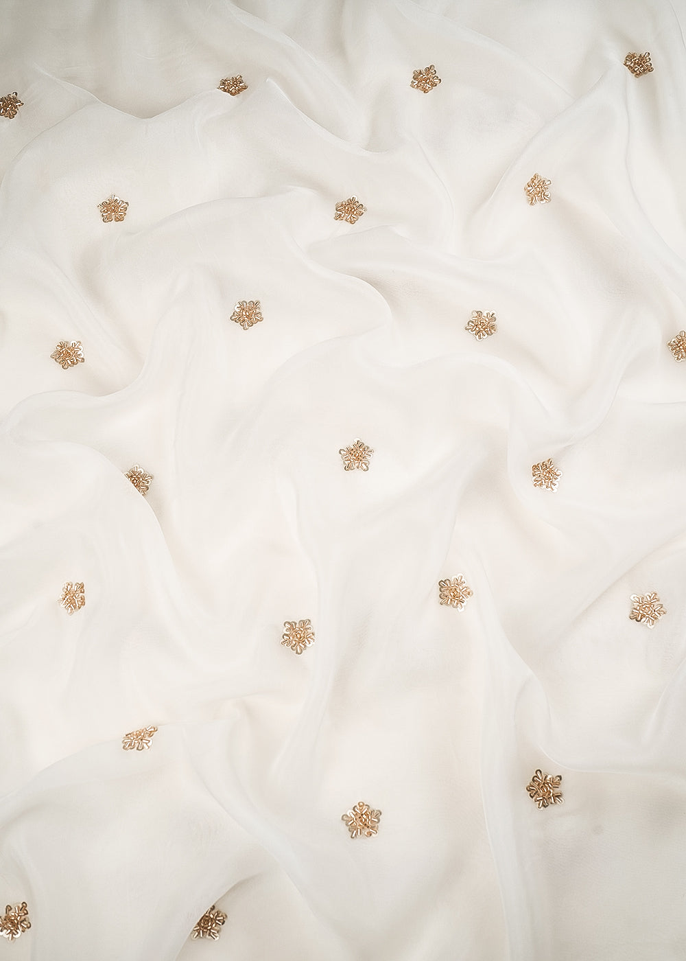 White Dyeable Organza Fabric With All Over Buti Of Sequins And Katdana Work 24483
