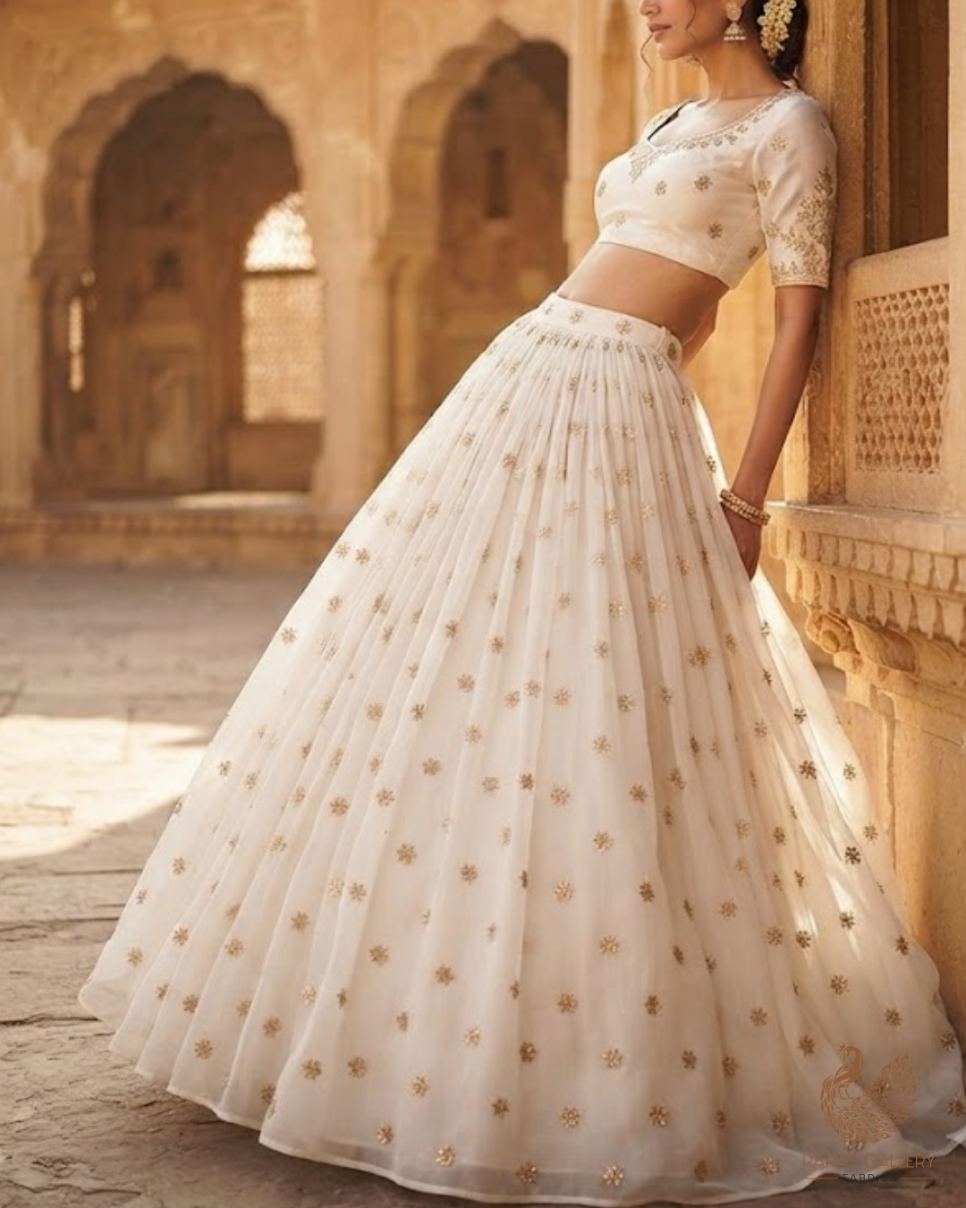 White Dyeable Organza Fabric With All Over Buti Of Sequins And Katdana Work 24483