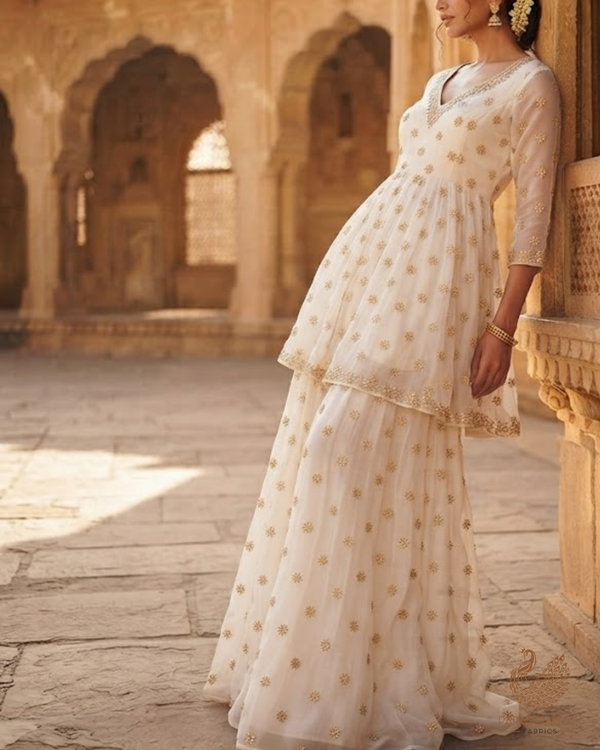 White Dyeable Organza Fabric With All Over Buti Of Sequins And Katdana Work 24483
