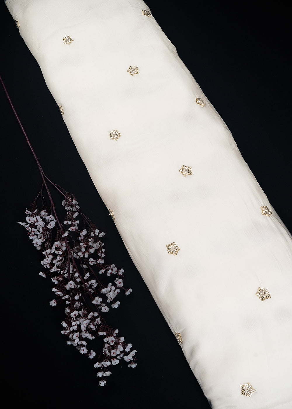 White Dyeable Organza Fabric With All Over Buti Of Sequins And Katdana Work 24484