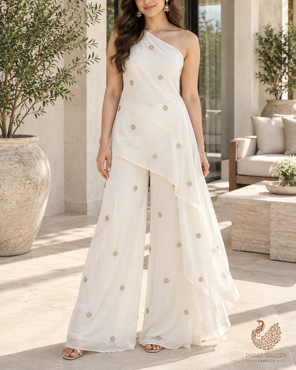 White Dyeable Organza Fabric With All Over Buti Of Sequins And Katdana Work 24484
