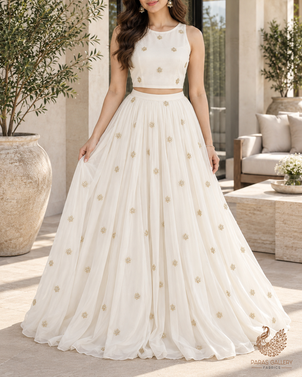 White Dyeable Organza Fabric With All Over Buti Of Sequins And Katdana Work 24484