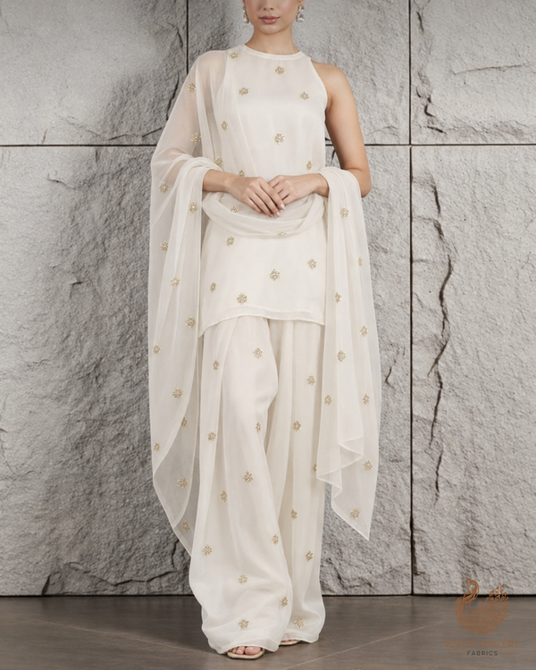 White Dyeable Organza Fabric With All Over Buti Of Sequins And Katdana Work 24484