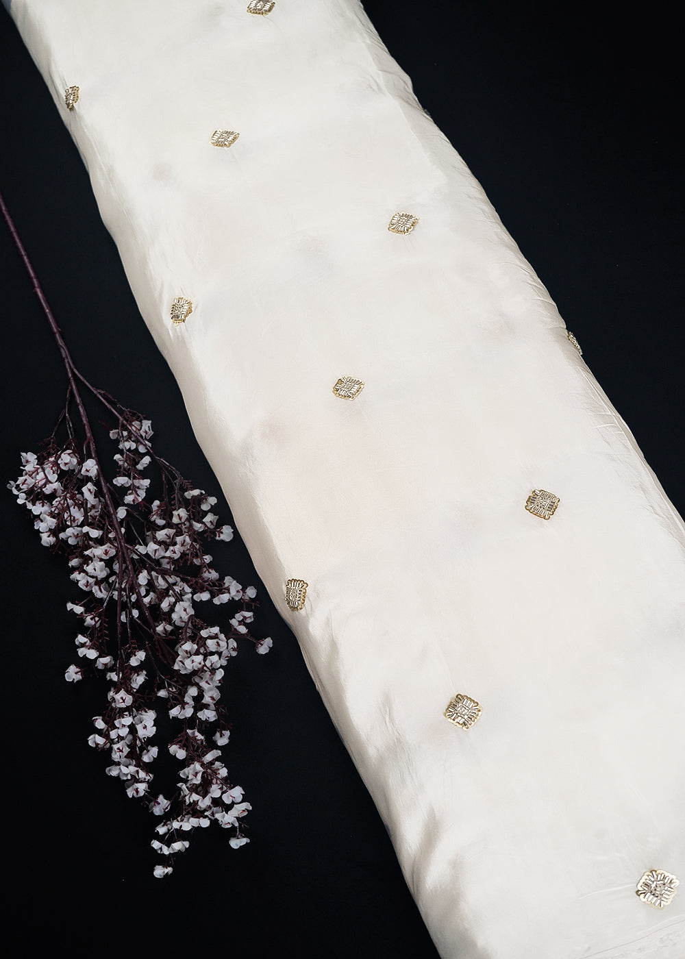 White Dyeable Crape Fabric With All Over Buti Of Sequins And Katdana Work 24485