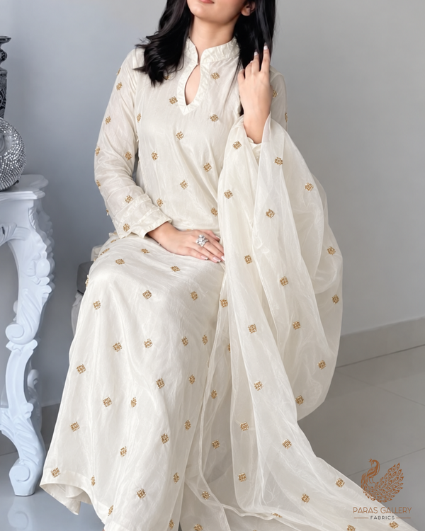 The Noor - White Dyeable Crepe Fabric With All Over Buti Of Sequins And Katdana Work | 24486