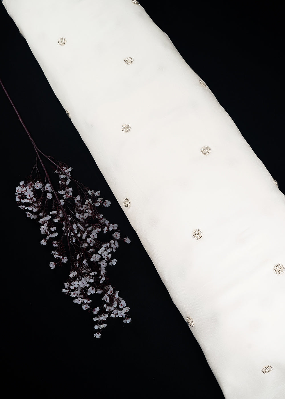 White Dyeable Georgette Fabric With All Over Buti Of Sequins And Katdana Work 24487