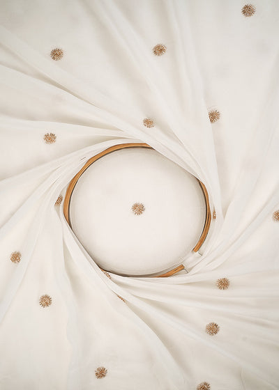 White Dyeable Georgette Fabric With All Over Buti Of Sequins And Katdana Work 24488
