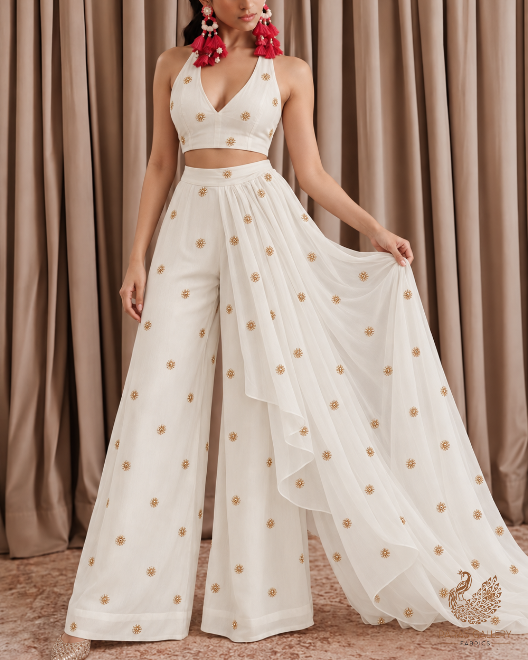 White Dyeable Georgette Fabric With All Over Buti Of Sequins And Katdana Work 24488