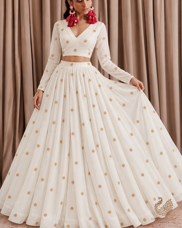 White Dyeable Georgette Fabric With All Over Buti Of Sequins And Katdana Work 24488