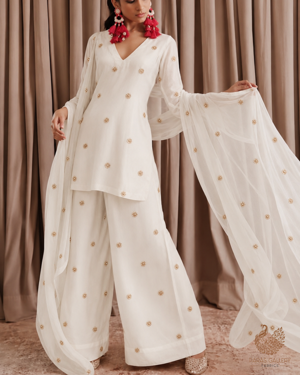 White Dyeable Georgette Fabric With All Over Buti Of Sequins And Katdana Work 24488