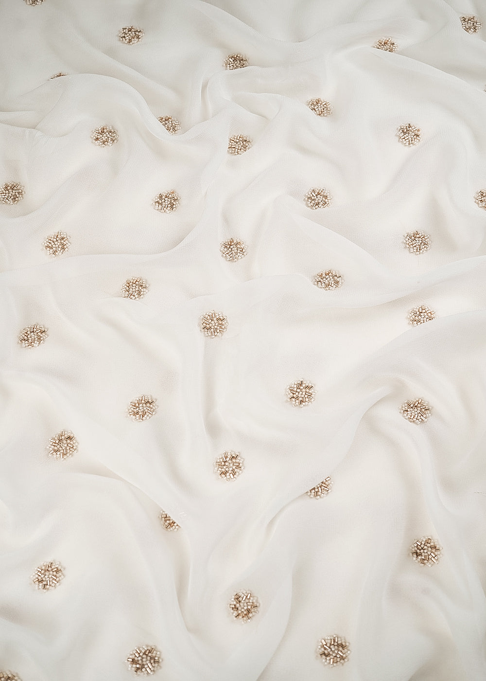 White Dyeable Georgette Fabric With All Over Buti Of Sequins, Katdana And Bead Work 24489
