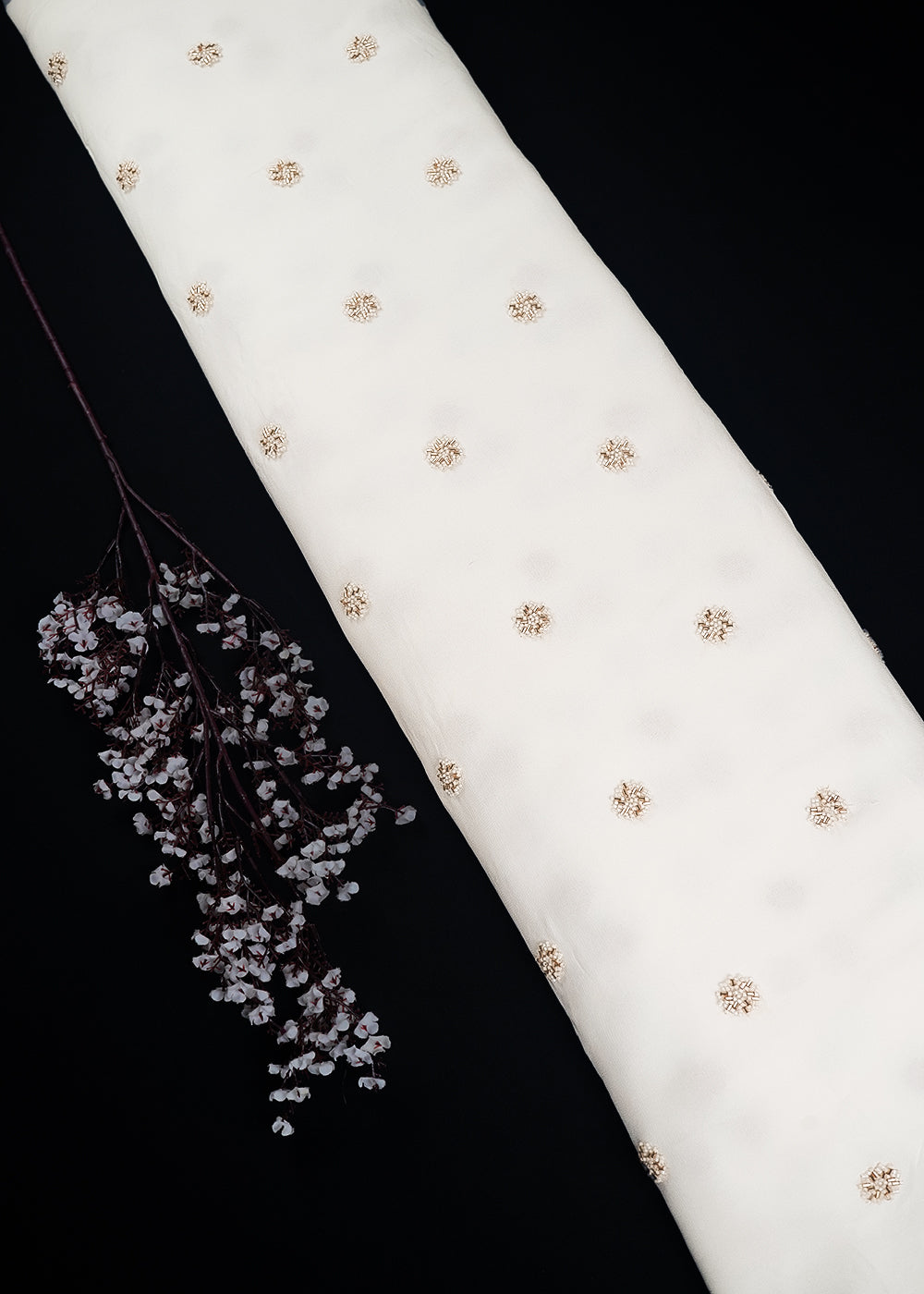 White Dyeable Georgette Fabric With All Over Buti Of Sequins, Katdana And Bead Work 24489