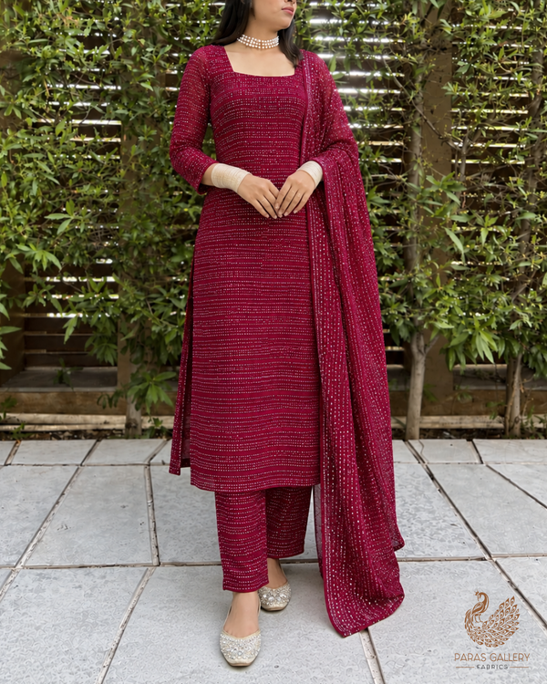 Maroon Imported Net Fabric With All Over Katdana And Pearl Work 24491