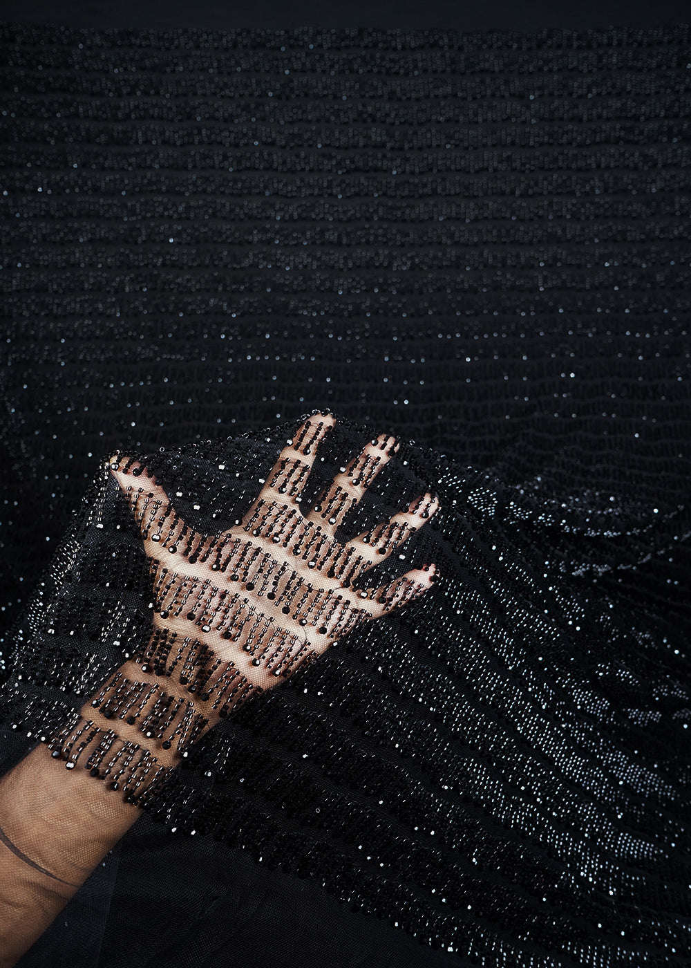 Black Imported Net Fabric With All Over Katdana And Pearl Work 24492