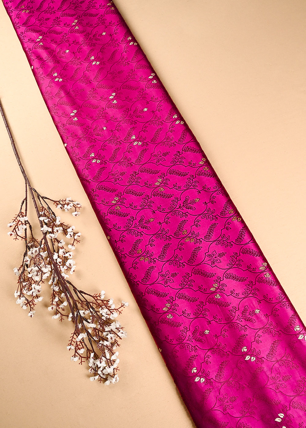 Dark Pink Banarasi Brocade Fabric With All Over Thread And Zari Handloom 24494
