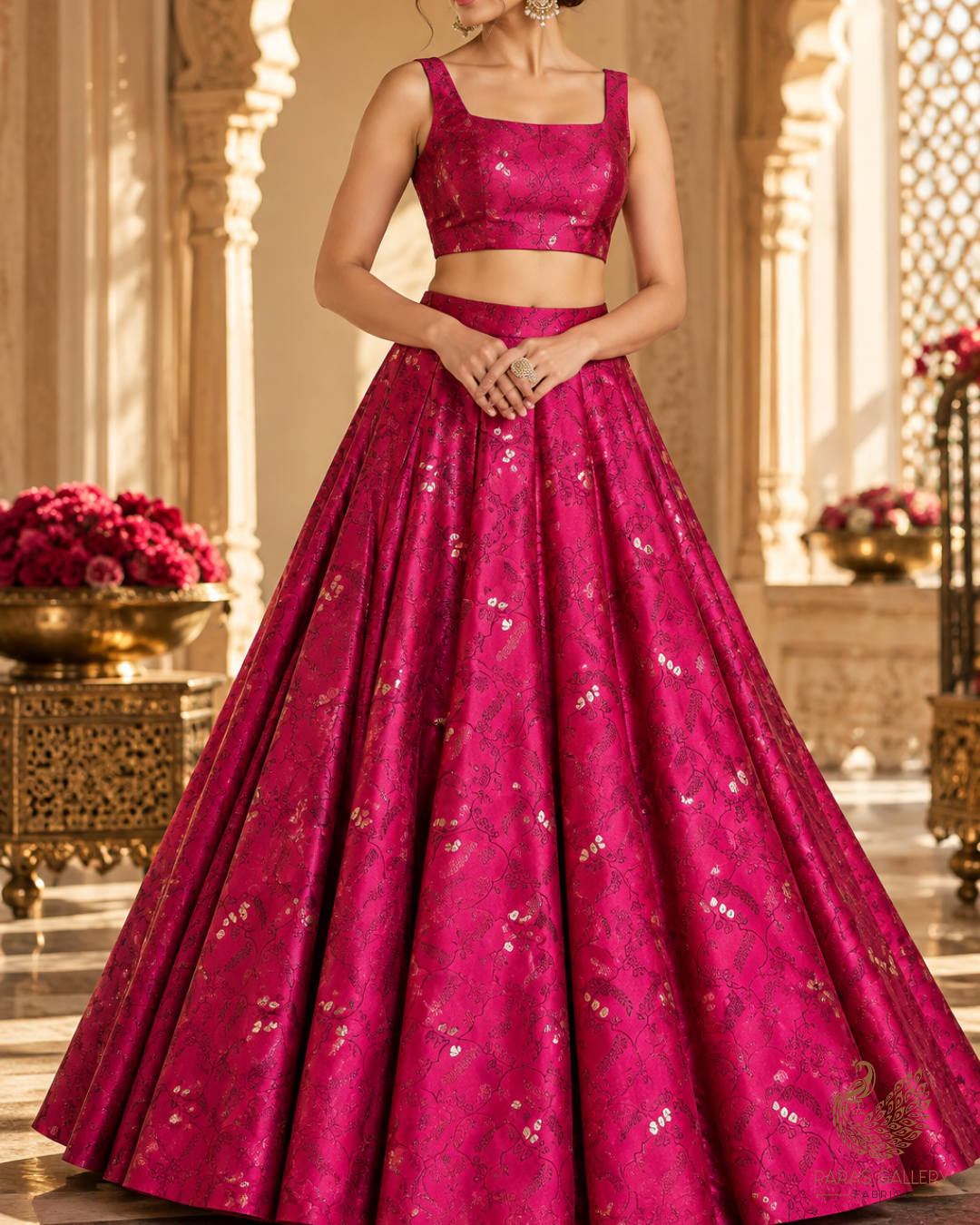 Dark Pink Banarasi Brocade Fabric With All Over Thread And Zari Handloom 24494