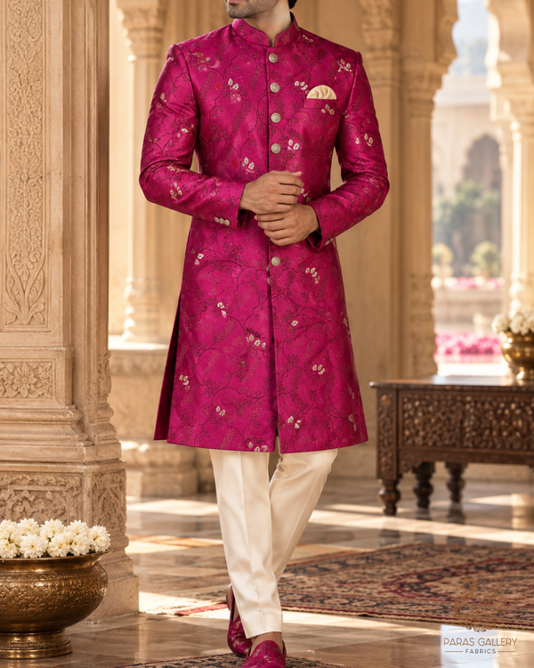 Dark Pink Banarasi Brocade Fabric With All Over Thread And Zari Handloom 24494