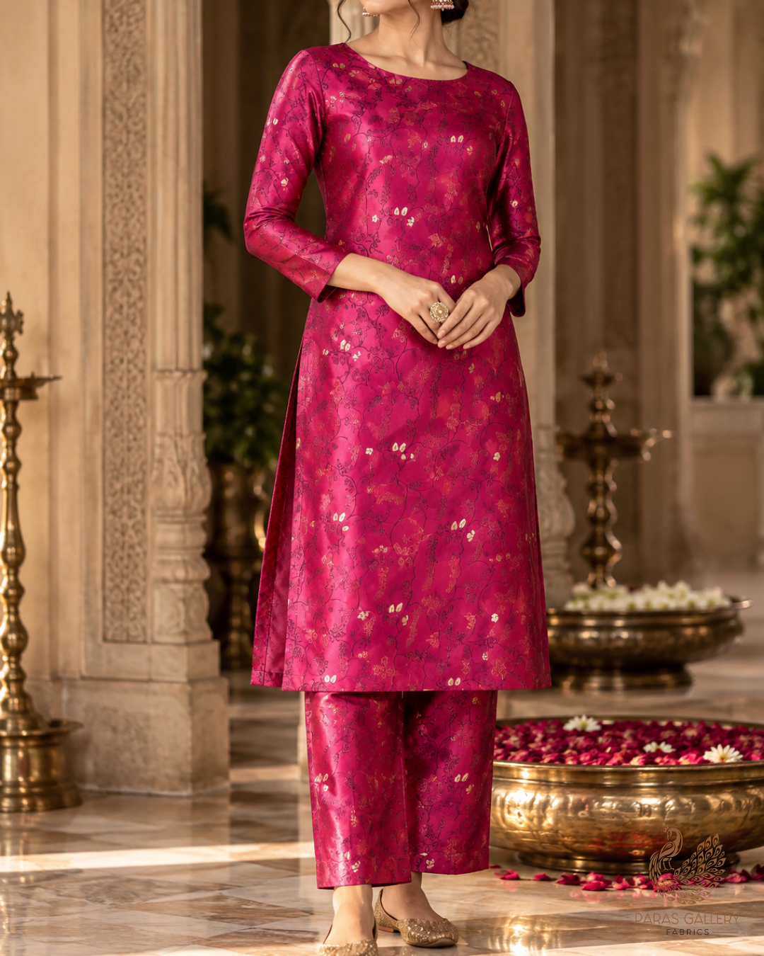 Dark Pink Banarasi Brocade Fabric With All Over Thread And Zari Handloom 24494
