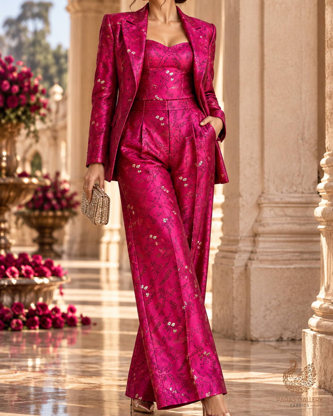 Dark Pink Banarasi Brocade Fabric With All Over Thread And Zari Handloom 24494