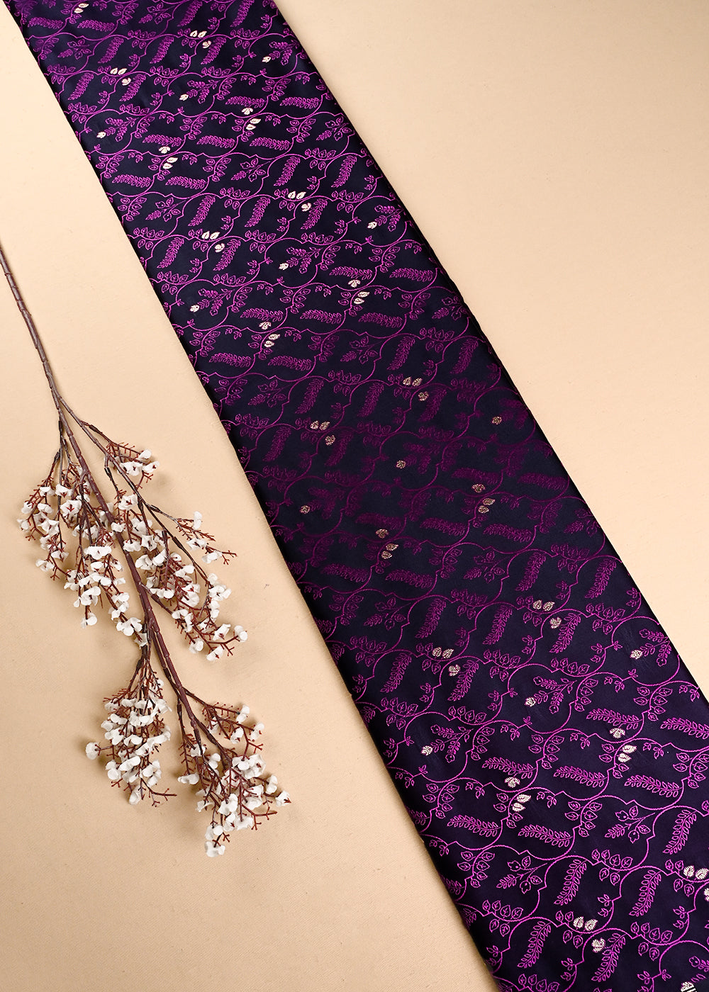 Purple Banarasi Brocade Fabric With All Over Thread And Zari Handloom 24496