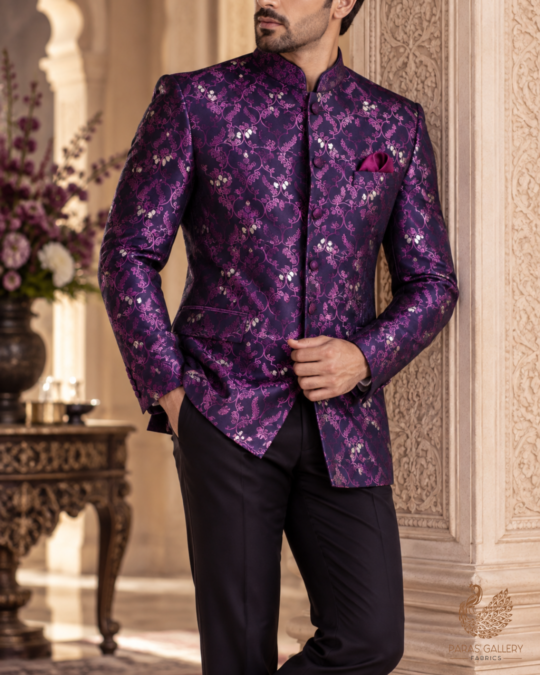 Purple Banarasi Brocade Fabric With All Over Thread And Zari Handloom 24496