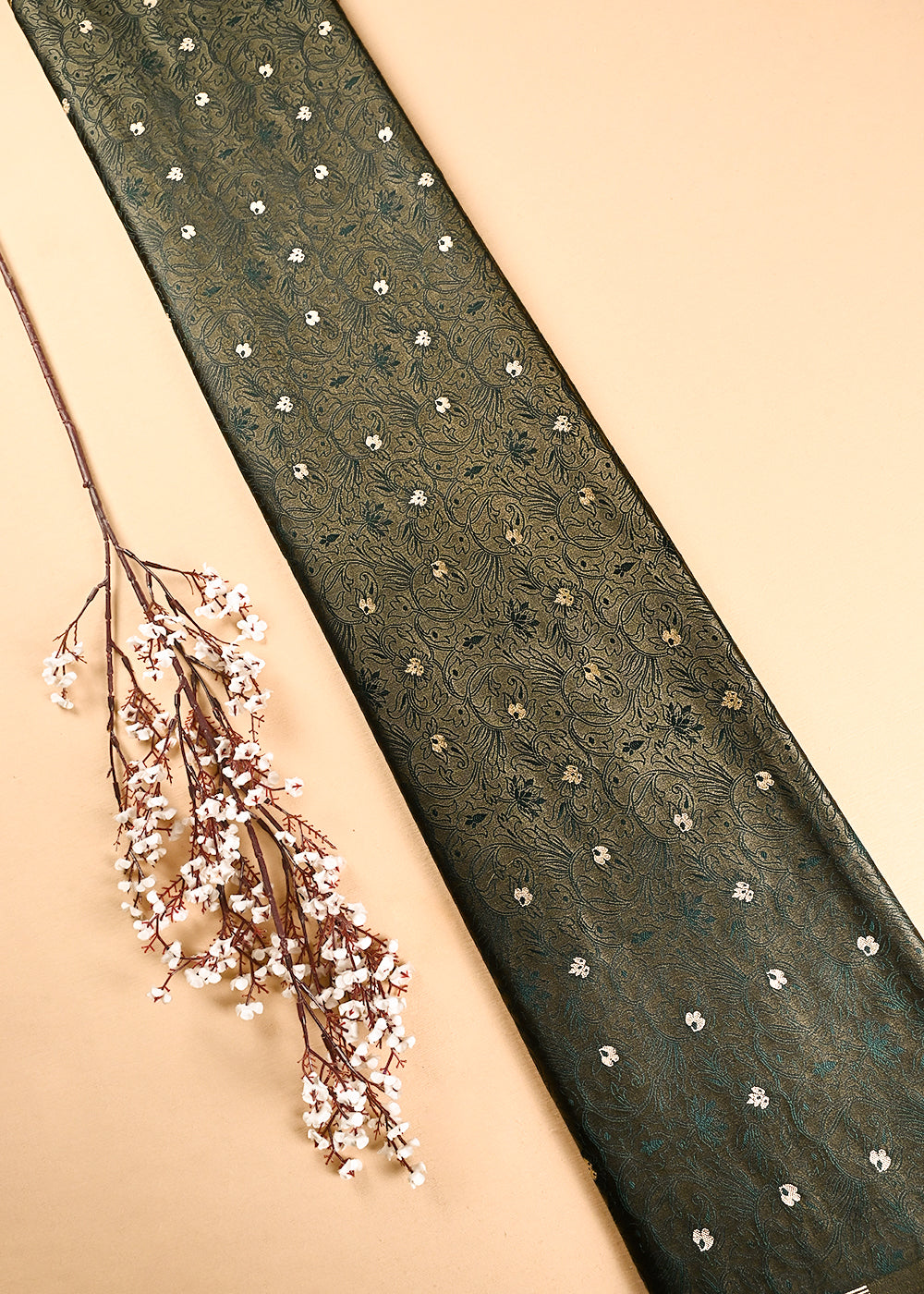 Olive Banarasi Brocade Fabric With All Over Thread And Zari Handloom 24499