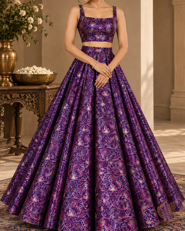 Purple Banarasi Brocade Fabric With All Over Thread And Zari Handloom 24500