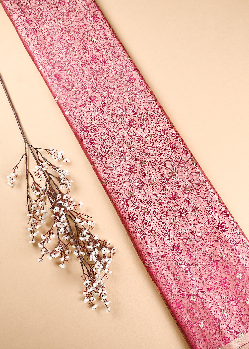 Pink Banarasi Brocade Fabric With All Over Thread And Zari Handloom 24501