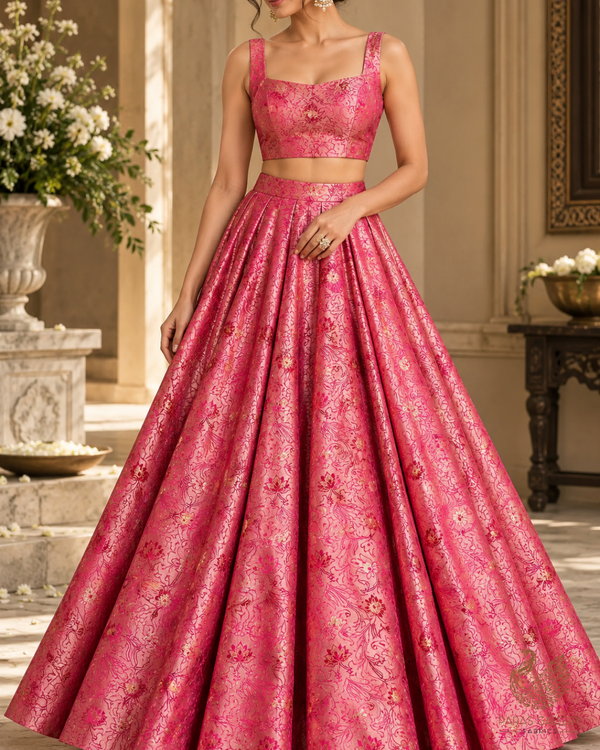 Pink Banarasi Brocade Fabric With All Over Thread And Zari Handloom 24501