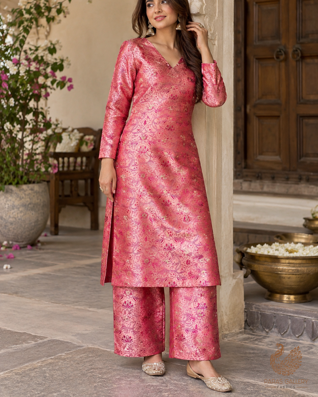 Pink Banarasi Brocade Fabric With All Over Thread And Zari Handloom 24501