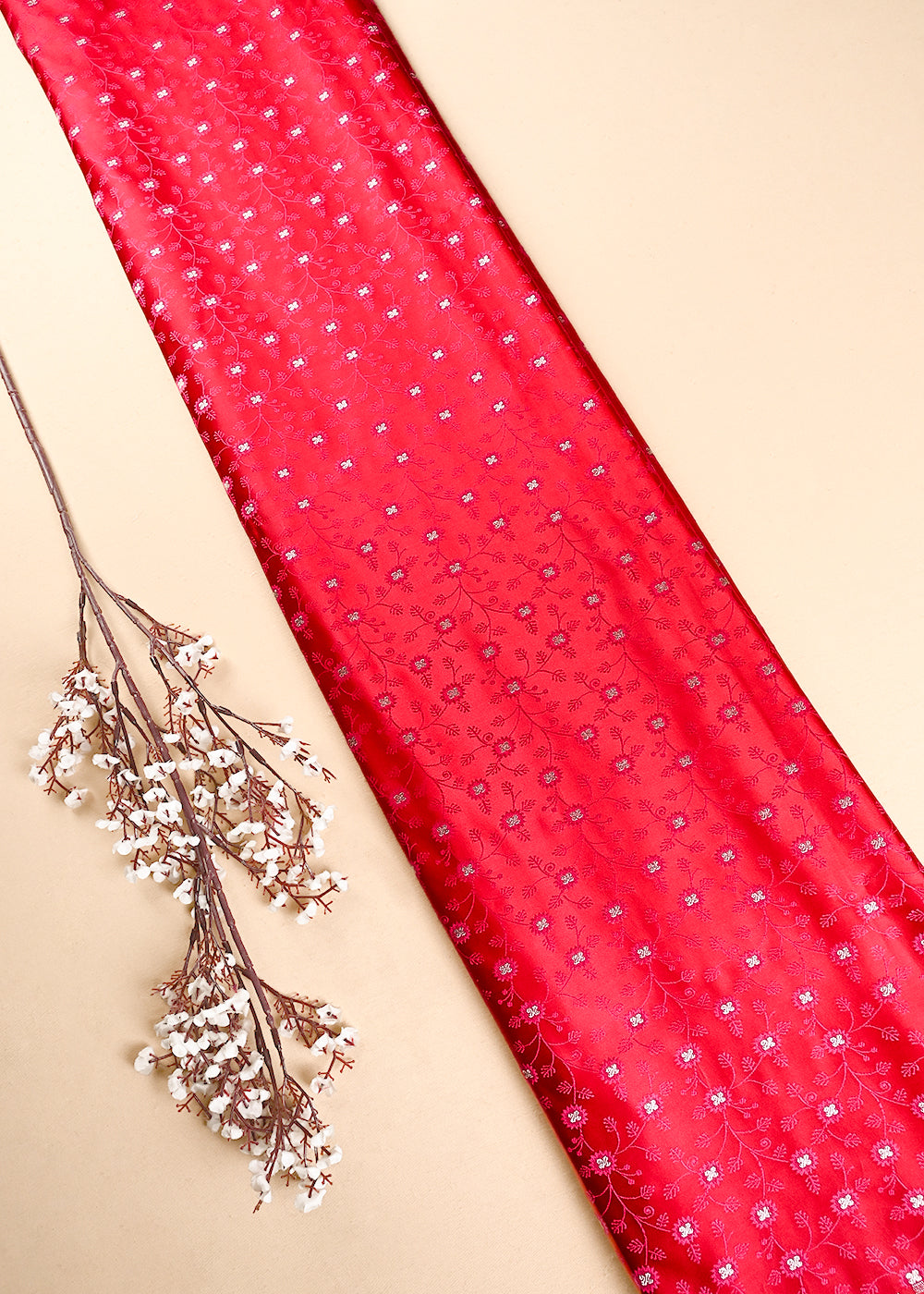 Red Banarasi Brocade Fabric With All Over Thread And Zari Handloom 24502