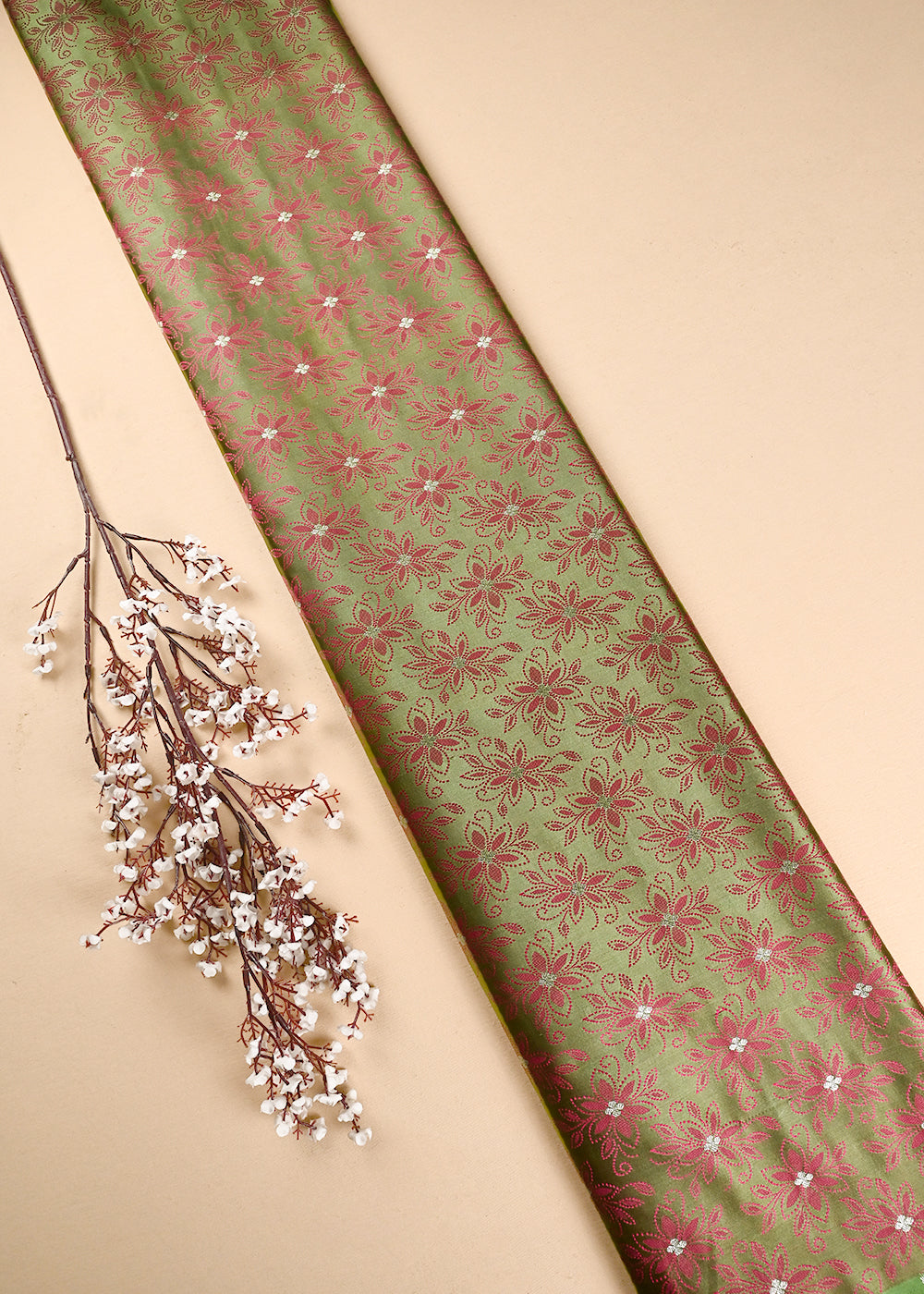 Green Banarasi Brocade Fabric With All Over Thread And Zari Handloom 24503