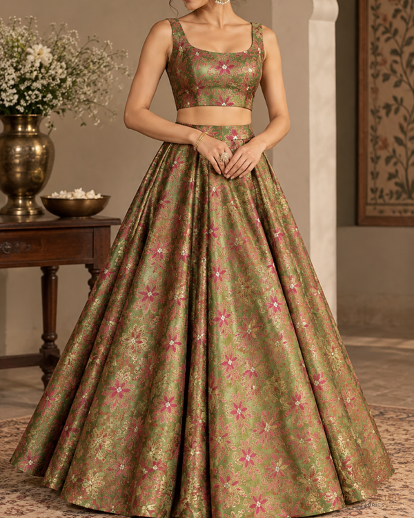 Green Banarasi Brocade Fabric With All Over Thread And Zari Handloom 24503