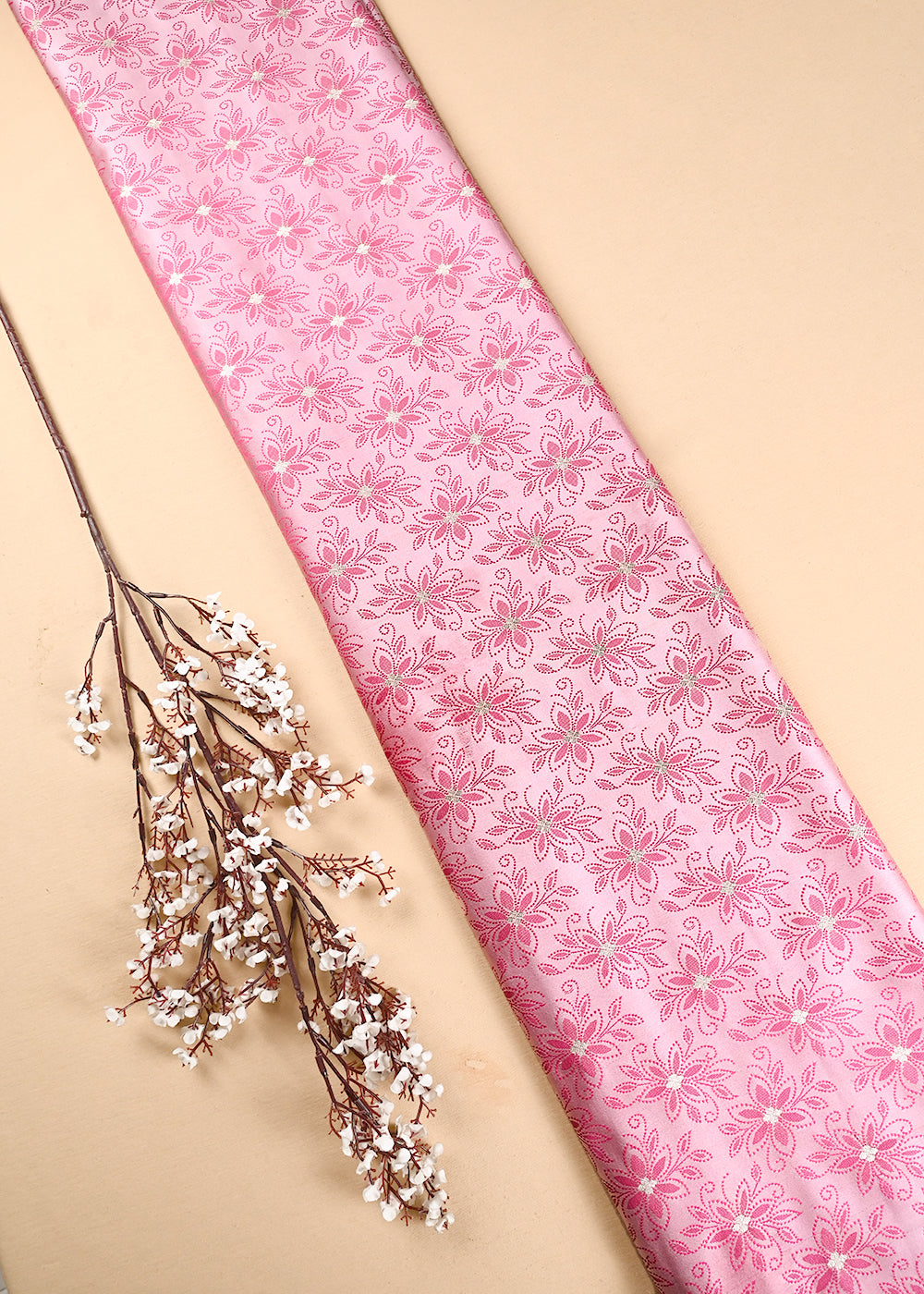 Baby Pink Banarasi Brocade Fabric With All Over Thread And Zari Handloom 24504