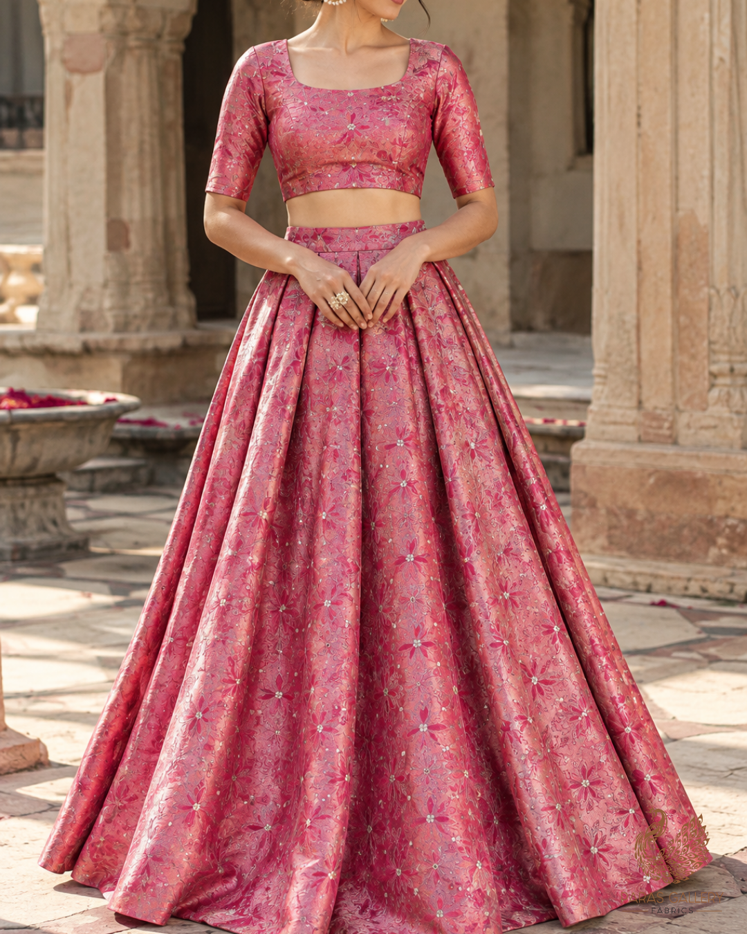 Baby Pink Banarasi Brocade Fabric With All Over Thread And Zari Handloom 24504