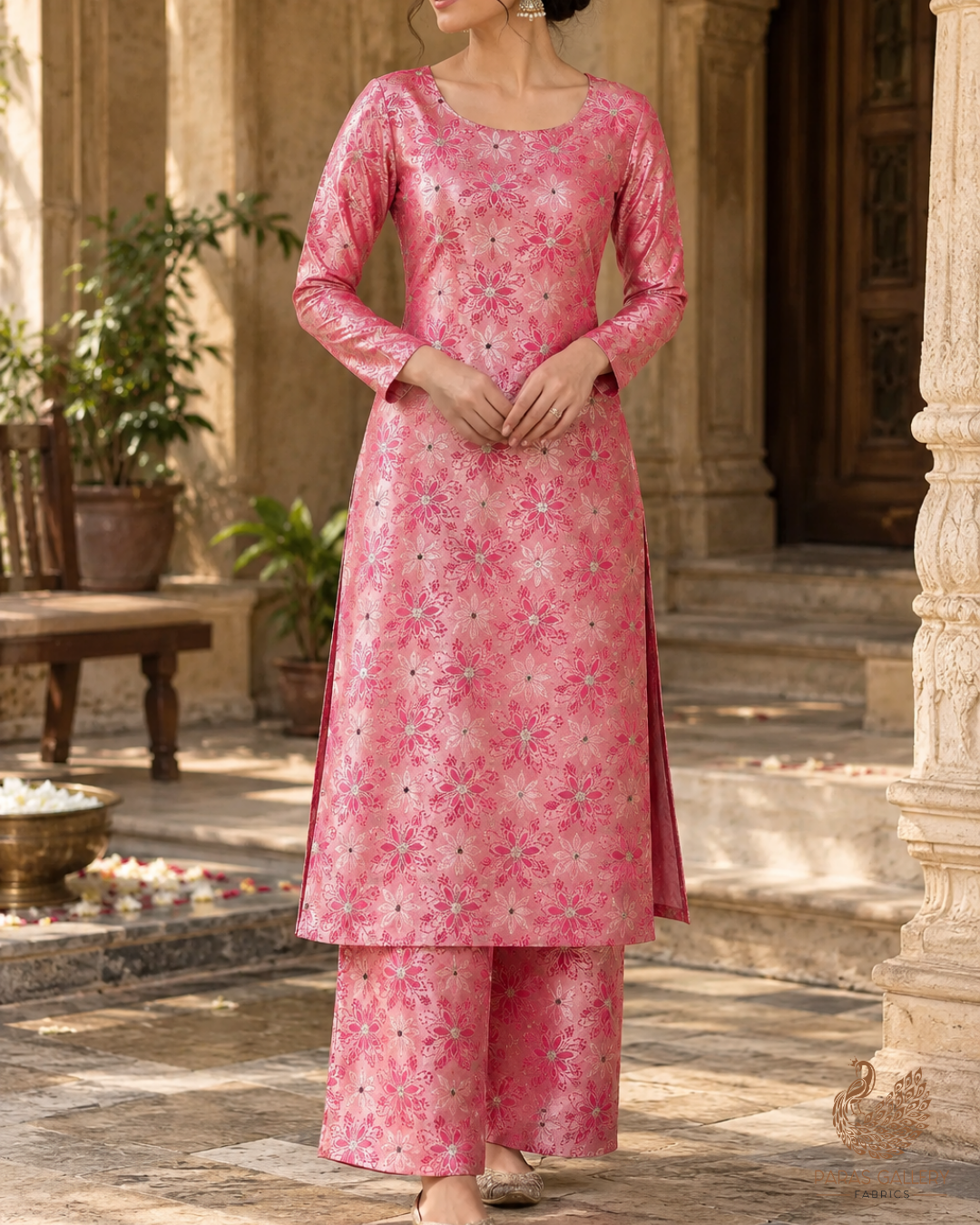 Baby Pink Banarasi Brocade Fabric With All Over Thread And Zari Handloom 24504