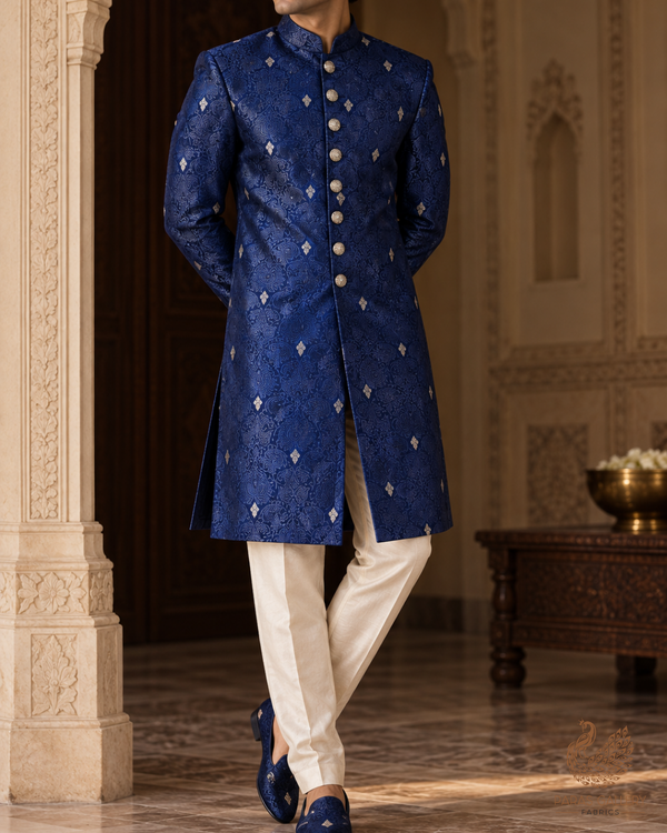 Navy Blue Banarasi Brocade Fabric With All Over Thread And Zari Handloom 24506