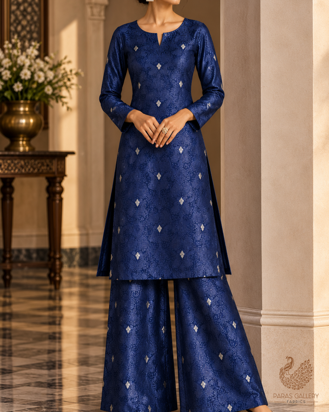 Navy Blue Banarasi Brocade Fabric With All Over Thread And Zari Handloom 24506