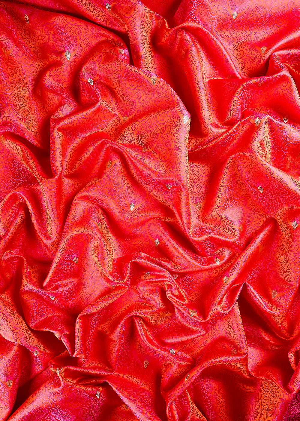 Orange Banarasi Brocade Fabric With All Over Thread And Zari Handloom 24507