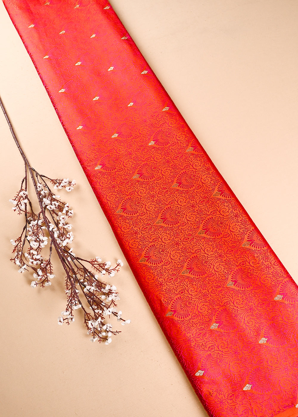 Orange Banarasi Brocade Fabric With All Over Thread And Zari Handloom 24507