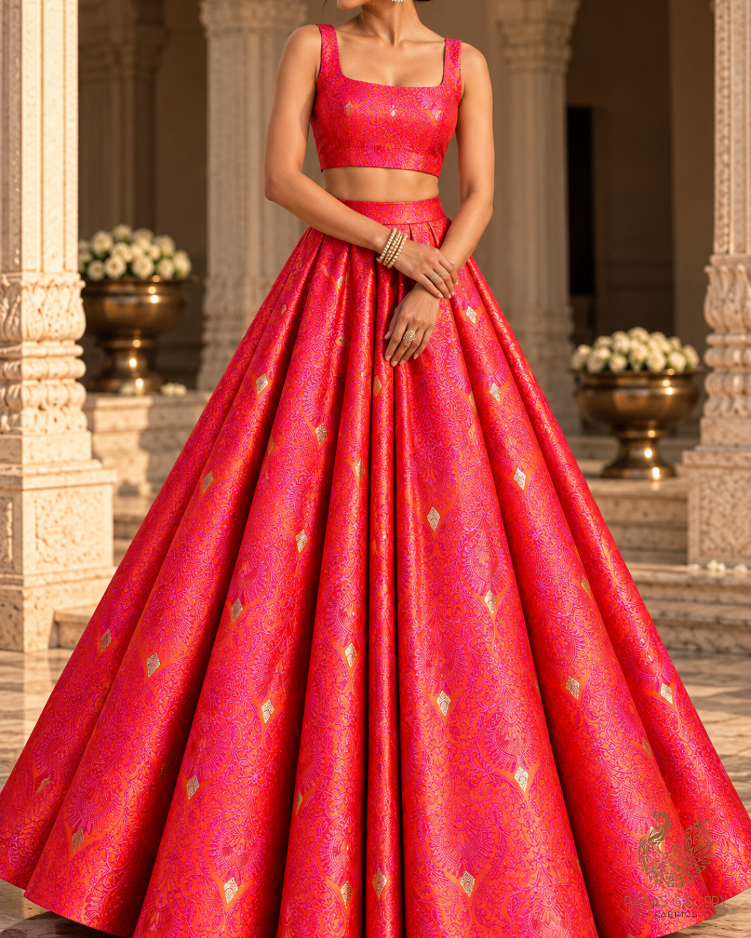 Orange Banarasi Brocade Fabric With All Over Thread And Zari Handloom 24507