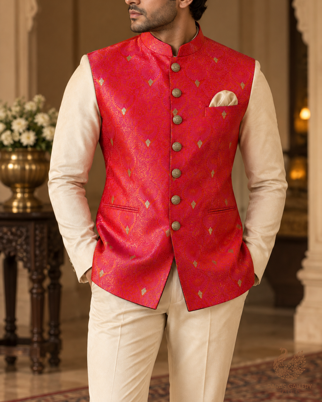 Orange Banarasi Brocade Fabric With All Over Thread And Zari Handloom 24507